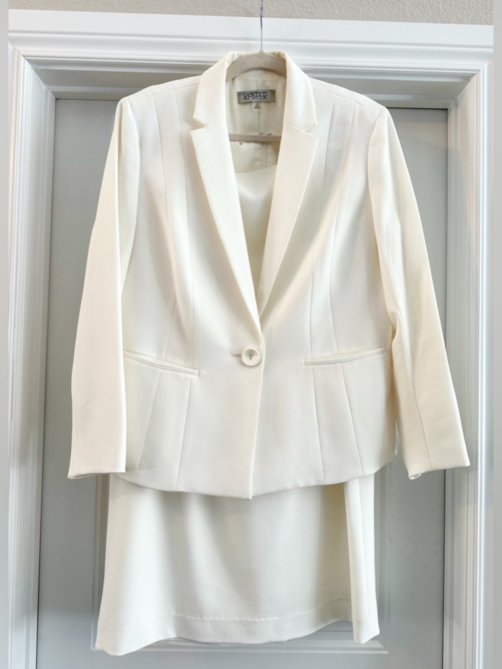 Kasper White Single-Button Notch Lapel Blazer Suit with Sheath Dress